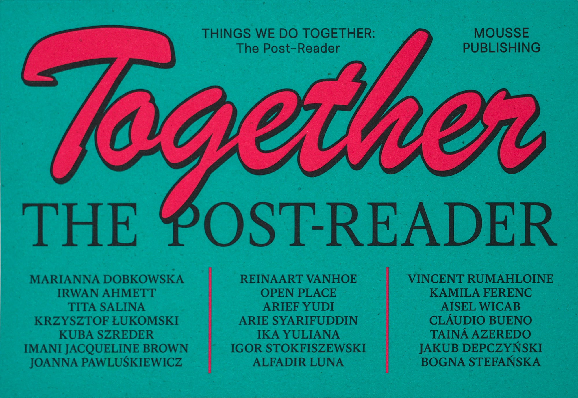 Book cover in a sea-foam green, with the title written in large cursive block letter, filled in with a bright blue; the names of all contributors are at the bottom.